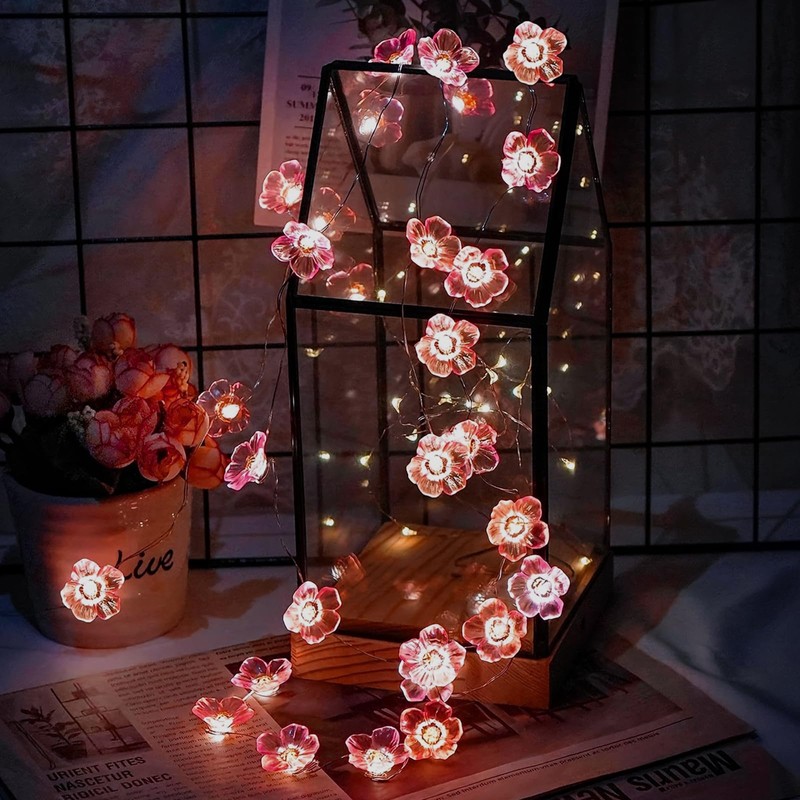Keretuby Decorative Pink Fairy Cherry Blossom String Lights for Bedroom,