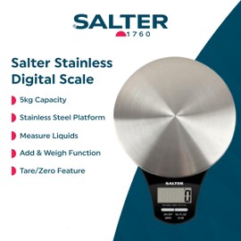 Salter Digital Kitchen Scale – Food Scales, Kitchen Weighing Scales, 5kg Capacity, Stainless Steel Platform, Measure Liquids, Add & Weigh, Tare/Zero Function, 1 x CR2032 Battery Included, 1035 SSBKDR