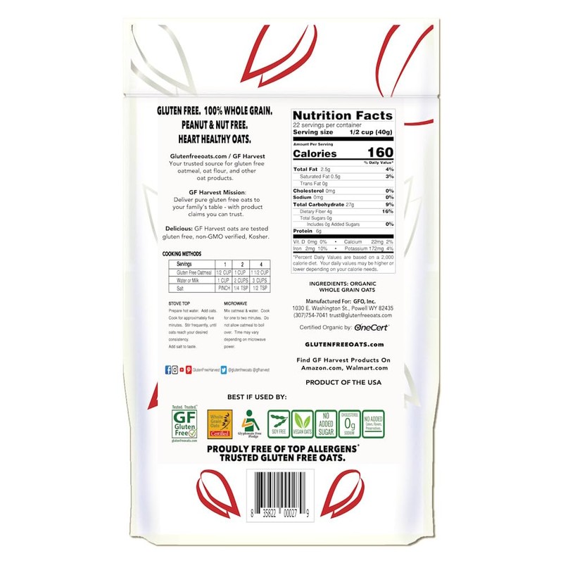 GF Harvest Gluten Free Organic Rolled Oats, 32 Ounce Bag,