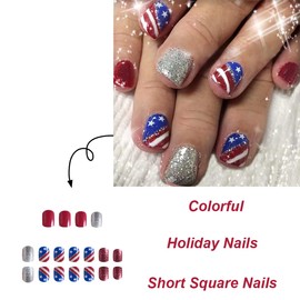 24Pcs Short Square Press on Nails 4th of July Press on Nails Fake Nails Silver Glitter Full Cover Glue on Nails Petite Artificial Reusable Independence Day False Nails for Women Acrylic Nails Salon