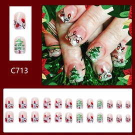 Christmas Press on Nails Short Square Fake Nails With Christmas Tree Light Designs Xmas False Nails Glossy Full Cover Stick on Nails Acrylic Winter Artificial Nails for Women Glue on Nails 24 Pcs