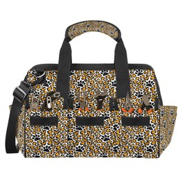 Leopard Paw Prints Wide Mouth Tool Bags for Men and Women Animal 14 Pockets Tool Tote Bag Pouch Heavy Duty Waterproof Tool Organizer Bag with Adjustable Strape