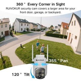 RUIVOKUR Solar Security Camera Outdoor Wireless with 360° PTZ, 2K/4MP WIFI Security Camera, Continuous Power, PIR Motion Detection, Color Night Vision, APP Alert, IP65, Alexa Compatible