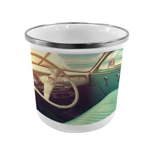 Ambesonne Coastal Steel Camping Mug, Interior of a Classic Car