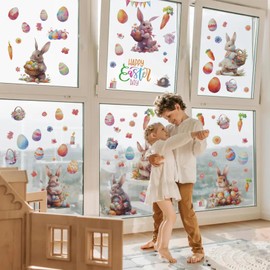 Oeyliz Easter Window Stickers Rabbit Carrot Double-Side Glass Decals 80Pcs Happy Easter Home Office School Shop Display Party Decorations