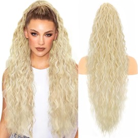 PORSMEER Claw Ponytail Hair Extension 30 inches, Clip in Ponytail Extensions Long Curly Wavy Ponytail Hair Extension Jaw Clip on Pony Tails Hairpiece for Women (Blonde with Highlights)