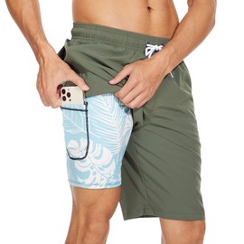 Arcweg Men's Swim Shorts Long Length Swimming Trunks with Compression Lining 2 in 1 Swimming Short with Zipper Pockets Men's Swim Trunk Quick Dry Double Layer Military Green+Plantain Leafs(UK)