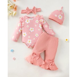 SODLON Newborn Baby Girl Clothes Infant Winter Fall Spring Outfits Cute Gifts Stuff Long Sleeve Clothing Daisy Romper Ribbed Bell Bottoms Flared Pants Outfit Sets Pink 6-9 Months