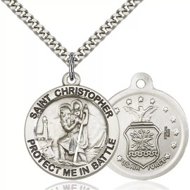 Bliss Sterling Silver Saint Christopher Air Force Medal Pendant Necklace 24" Chain