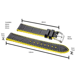 STUNNING SELECTION Alpine Black-Yellow Genuine Alligator Grain Leather Watch Band with Silicone Waterproof Lining | 24mm Quick Release Watch Band | Compatible with Traditional & Smart Watches