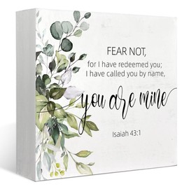 FLVGE Christian Decor, Christian Desk Decor, Bible Verse Isaiah 43:1 Signs, You are Mine Wooden Box Sign, Eucalyptus Leaf Scripture Decor, Inspirational Christian Home Desk Shelf Decor, Christian Gifts, 5x5