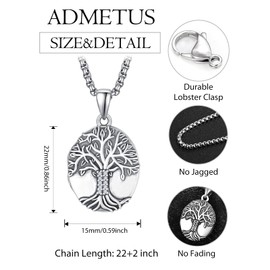 ADMETUS Locket Necklace for Men Sterling Silver Mens Locket Necklace Oval Locket Pendant Tree of Life Necklace Jewelry Memorial Gifts for Men