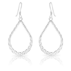 DTPsilver® 925 Sterling Silver Hook Dangle Earrings - Teardrop Twisted Rope Style - Size: 19 x 43 mm