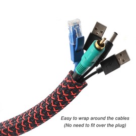 CrocSee 10ft - 1/2 inch Braided Cable Management Sleeve Cord Protector - Self-Wrapping Split Wire Loom for TV/Computer/Home Theater/Engine Bay - Black/Red