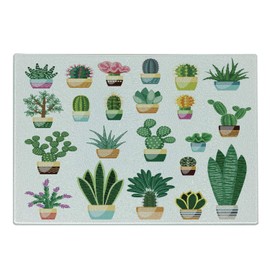 Lunarable Cactus Cutting Board, Home Plants in Pots Botanical Potted Cacti and Succulents Illustration, Decorative Tempered Glass Cutting and Serving Board, Small Size, Green