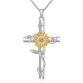 Fenthring 18k Gold Plated Sunflower Necklaces for Women, Sunflower Cross Necklace 925 Sterling Silver Sunshine Pendant Mom Jewelry Christmas Gifts for Women