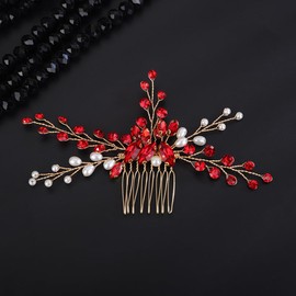 Teyglen Red Crystal Bridal Hair Comb Rhinestone Wedding Hair Comb with Pearl Bride Hair Accessories Bridal Side Comb Crystal Hair Piece for Women Girls (Red)