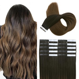 XDhair Tape-In Real Hair Extensions, Shadow Natural, Black to Brown, Mixed Extensions, 45 cm, 20 Pieces/50 g (#1B/4-18)