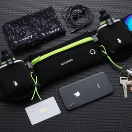 ROSSRORE Unisex Running Hydration Belt with 2x6oz Water Bottles - No Bounce Design, Waterproof Waist Pack for Phone, Reflective Gear for Runners, Cyclists, Hiking (Green)