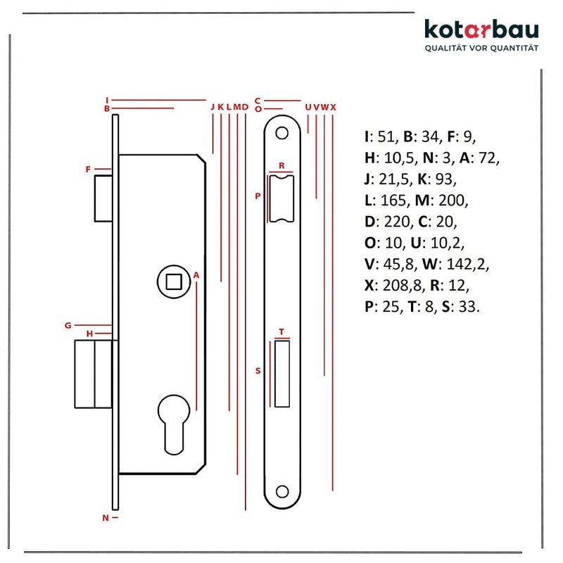 KOTARBAU Mortise Lock 72/34 PZ Counter Plate Galvanised Left/Right Tubular