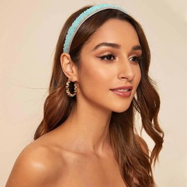Light Blue Rhinestone Headband Wide Bling Sparkly Beaded Head Band – Non-Slip Fashion Trendy Holiday Hair Accessories for Women & Girls