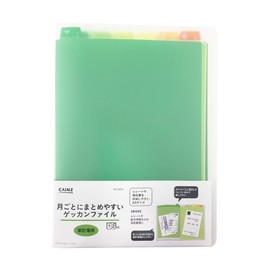 Cainz A5S Green Household Book, Easy to Organize Monthly, Clear Book, 12 Pockets, Monthly Files, Document Organization