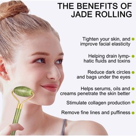 4-pcs Jade Roller & Gua Sha Set, Facial Roller Massager with Gua Sha Scraping Tool, Jade Stone Massager for Anti-aging, Slimming & Firming, Rejuvenate Face and Neck, Remove Wrinkles & Eye Puffiness