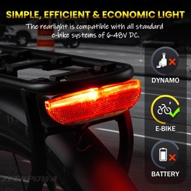 Zeekpowa Bicycle Light Rear LED StVZO Tested – Bicycle Rear Light 220°-5Cd-400m, IPX4, 20 mm/<40 g – LED Rear Light Bicycle with E-Bike Connection (6V-48V), 80 mm Mounting Hole