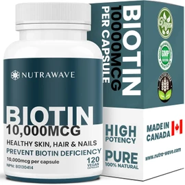 Nutrawave Extra Strength Biotin 10000mcg – Biotin for Hair Growth, Lush Hair, Glowing Skin & Strong Nails, Ideal for Women & Men, Non-GMO, Vegan, Gluten-Free. 120 Capsules