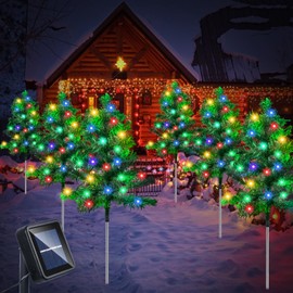 6PCS Solar Christmas Tree for Christmas Decorations Outdoor Pathway Lights with 120 C6 Multi-Color Lights 8 Lighting Modes Waterproof for Outside Garden Yard Lawn House Front Porch Door