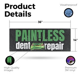 Paintless Dent Repair Vinyl Decal 36 Inch x 14 Inch Weatherproof Heavy-Duty Adhesive Backing | Auto Services, Hail Damage Fixes, Affordable Repairs | Made in USA