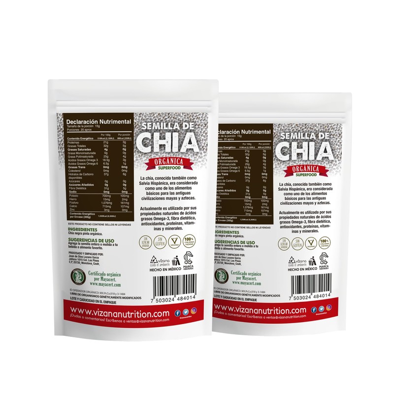 VIZANA NUTRITION | Semilla de Chía Orgánica Certificada USDA 600g