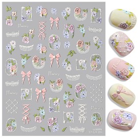 5D geprägte Schleifen Nagelsticker Selbstklebend Nagelaufkleber für Frauen Nail Art Stickers Nageldesign Zubehör Elegante Spitzen Schleifen Blumen Nagel Sticker 5D Flower Nailart Bow Nail Sticker