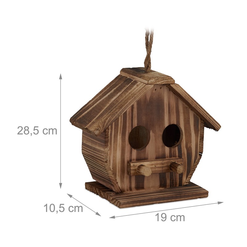 Relaxdays Decorative Bird House, Burnt Wood, Hanging Bird House for