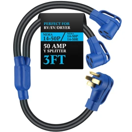 Kanayu 50Amp 14-50 Y Splitter Adapter Cord ETL Listed 4 Prong 250V Splitter for RV and EV Heavy Duty 6/3+8/1 STW AWG RV Generator Outdoor Extension Cord(14-50p to 2 x 14-50r,3ft,Blue,Black)