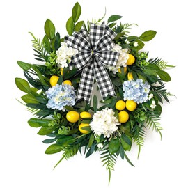 Lemon Wreath for Front Door, 22 Inch Artificial Hydrangea Wreaths