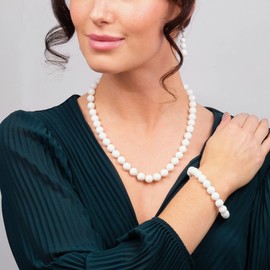 Treasure Bay Women's Necklace Jewellery Set | Stunning 10mm Natural Gemstone Beaded Necklace Bracelet (White Jade)