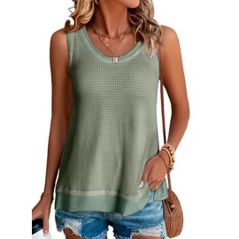 BLENCOT Women's Casual Solid Sleeveless Scoop Neck Waffle Knit Summer Tank Tops Flowy Loose Shirts Sea Green XL
