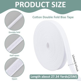BENECREAT 25m Cotton Double Fold Bias Tape, 12mm White Bias Binding Tape Seam Binding Tape for Sewing Seaming Hemming Piping Quilting Projects