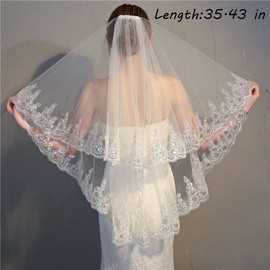 Bmirth 2 Tiers Bride Wedding Veil White Veil Bridal Bridal Tulle Wedding Veil with Flower Lace Edge and Comb (A-white) (Lace veil)