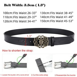 IWFTC Women's Leather Belts for Jeans Pants Fashion Gold Buckle Ladies Belt Vintage Retro Waist Belt for Women with Flower (Black, 130cm)