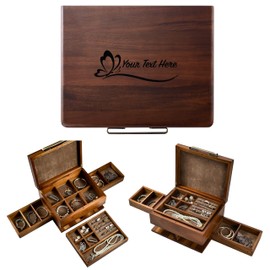 Shanik Vintage Jewelry Box for Women with Ring Cushions, Earring and Necklace Storage, and Pull-Out Drawers, Rustic Natural Wood Organizer with Engraving