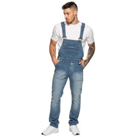 Enzo Men's EZD390 VEN Denim Dungarees Overalls, Light Stonewash, 30