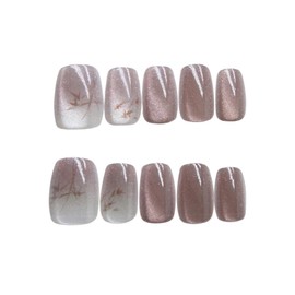 30pcs Pale Pink Cat Eye Press on Nails Short Coffin Fake Nails Set Glitter Stick on Nails Glue-on Nails Acrylic Full Cover False Nails New Year Valentines Day Women Brides Nail Art Accessories