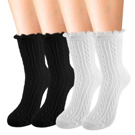 Giantree 4Pcs Women's White Crew Socks - Ruffle, Cable Knit, Lettuce Edge, Casual Knit Cotton Comfy Breathable Cool Sock (White, Black)