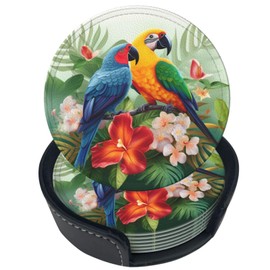 Famame 6 Pcs Tropical Parrot Toucan Palm Leaves Leather Coasters for Drinks with Holder Coaster Sets Drink Table Cup Coasters for Living Room Kitchen Coffee Decor