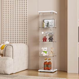 FANYUSHOW Glass Display Cabinet with Door and Lock, Quick-Install Style 4-Shelf Curio Cabinet 5mm Tempered Glass Floor Standing Bookshelf for Living Room, Bedroom, 65" H x 17''L x 14''W (White)