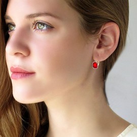 Austrian Crystal Octagon Leverback Drop Earrings for Women 14K Rose Gold Plated Hypoallergenic Jewelry (Red)