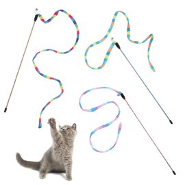 3 PCS Cat Wand Toy, Interactive Cat Teaser Wand Rainbow Wands Toy for Indoor Cats Extended Colorful Cats String Toys with Bells Teaser Wands String for Kitten Kitty Playing Chase Exercise Keep Fit