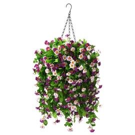 ZFProcess Artificial Silk Flowers in Hanging Basket Outdoor Indoor Garden Decor, Artificial Hanging Plant in Basket, Hanging Daisy Flowers with 12inch Coconut Lining Chain Palm Flowerpot(Purple)